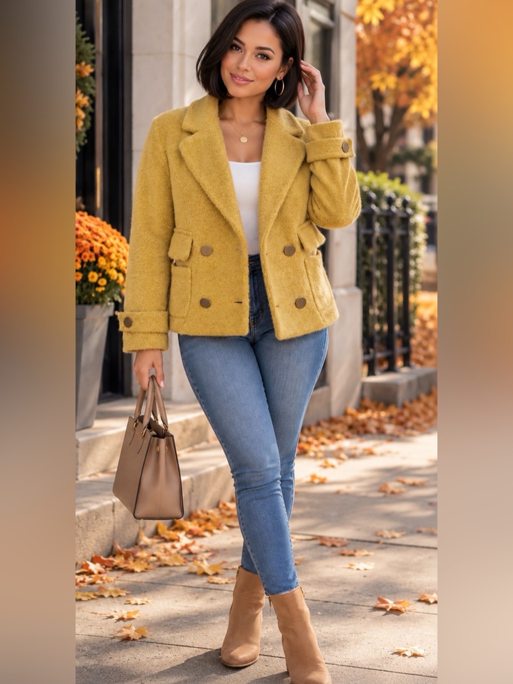 Women’s Double-Breasted Teddy Coat - Mustard